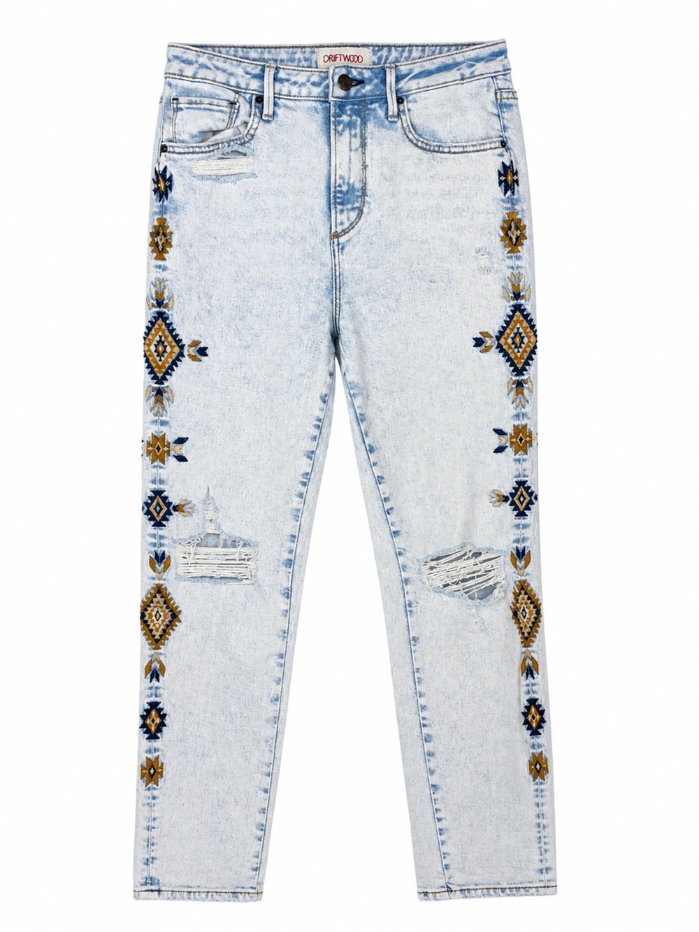 Driftwood Gizelle Jeans 26 Southwest Aztec Embroidered Acid Wash Boho Distressed